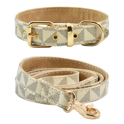 Leather Dog Collar and Leash Set Check Pattern Dog Collar Leashes Metal Buckle Adjustable Durable for Small Medium Large Dogs (White S(11.4-13.4IN))