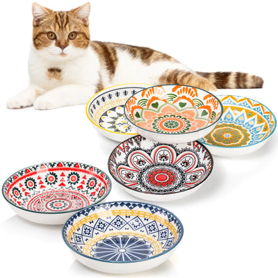 Foraineam 6 Pack 5.5 inch Wide Shallow Cat Food Bowl Set Ceramic Cat Bowls 8oz Whisker Friendly Cat Dishes Colorful Kitten Feeding Bowls for Food and Water Microwave and Dishwasher Safe