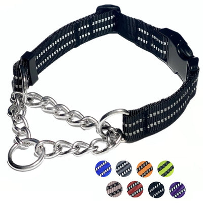Martingale Dog Collars Reflective Nylon Collar with Stainless Steel Chain Adjustable Walking Training Dog Collars with Quick Release Buckle Suitable for Small Medium Large Dogs(BlackM)