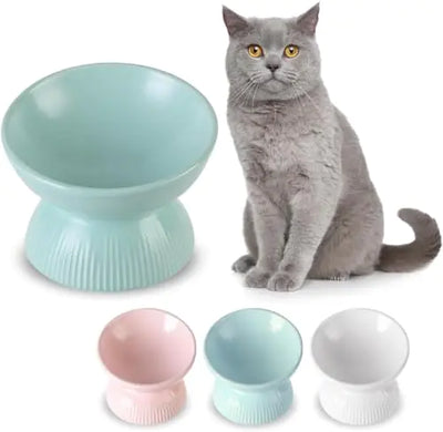 Ceramic Raised Cat Food Bowl - Tilted Elevated Cat Bowl Anti Vomit - 6.1 inch Extra Wide Shallow Cat Feeding Bowls Whisker Friendly - Cat Dishes for Dry Wet Food - Microwave and Dishwasher Safe - 9 oz