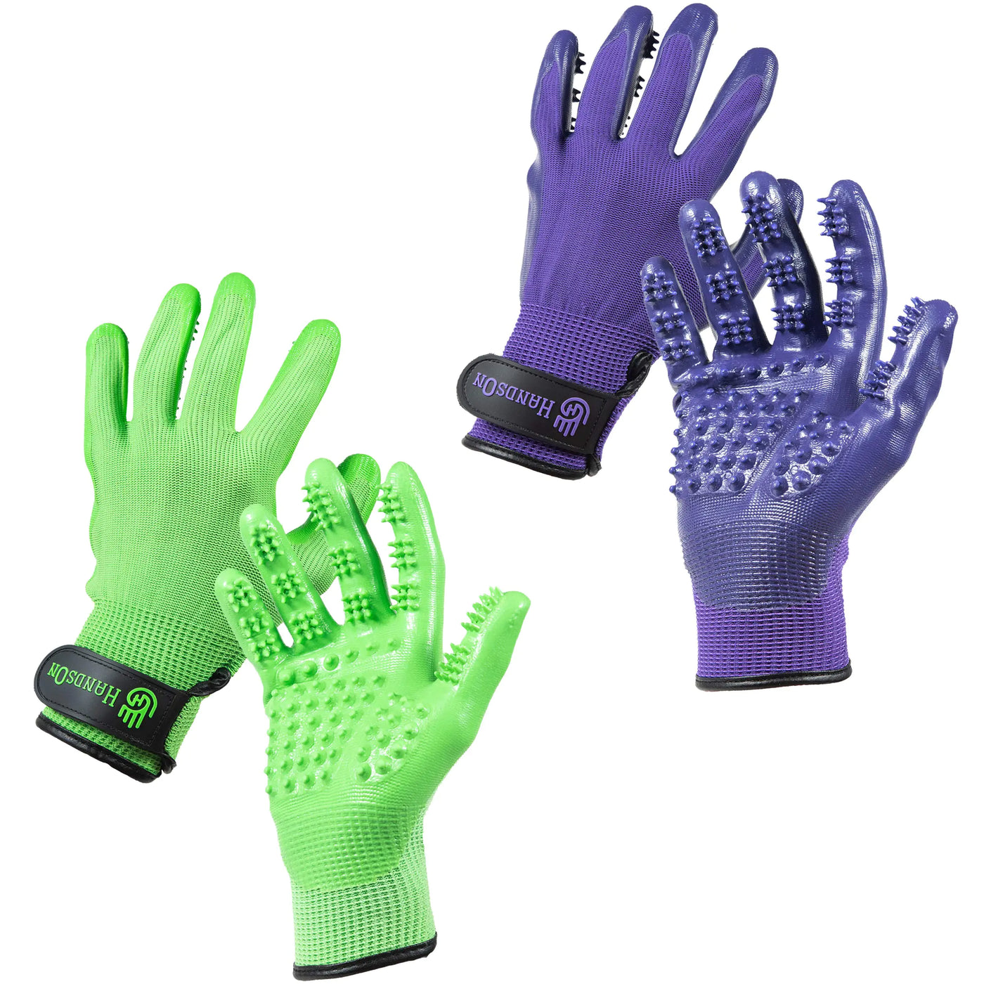 HandsOn Pet Grooming Gloves - #1 Ranked Award-Winning Cat Dog & Horse Hair Remover Gloves - Bathing Shedding & Massaging Tool - Gentle Brush for Long & Short Fur (2 Pairs Green & Purple M)