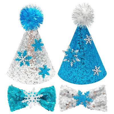 PET SHOW 4 Pack Winter Party Hats and Bow Ties Sets for Small Dogs Snowflake Party Hat Adjustable Bows Medium Dog Birthday Holiday Bowties Pet Grooming Accessories Costumes