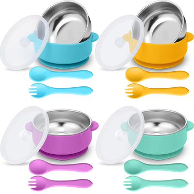Nuogo 4 Sets 304 Stainless Steel Baby Bowls with Removable Silicone Shell Toddler Bowls with Suction Kids Bowls with Lids Spoons and Fork Baby Feeding Set Anti Scald for Baby Toddler Dishwasher Safe