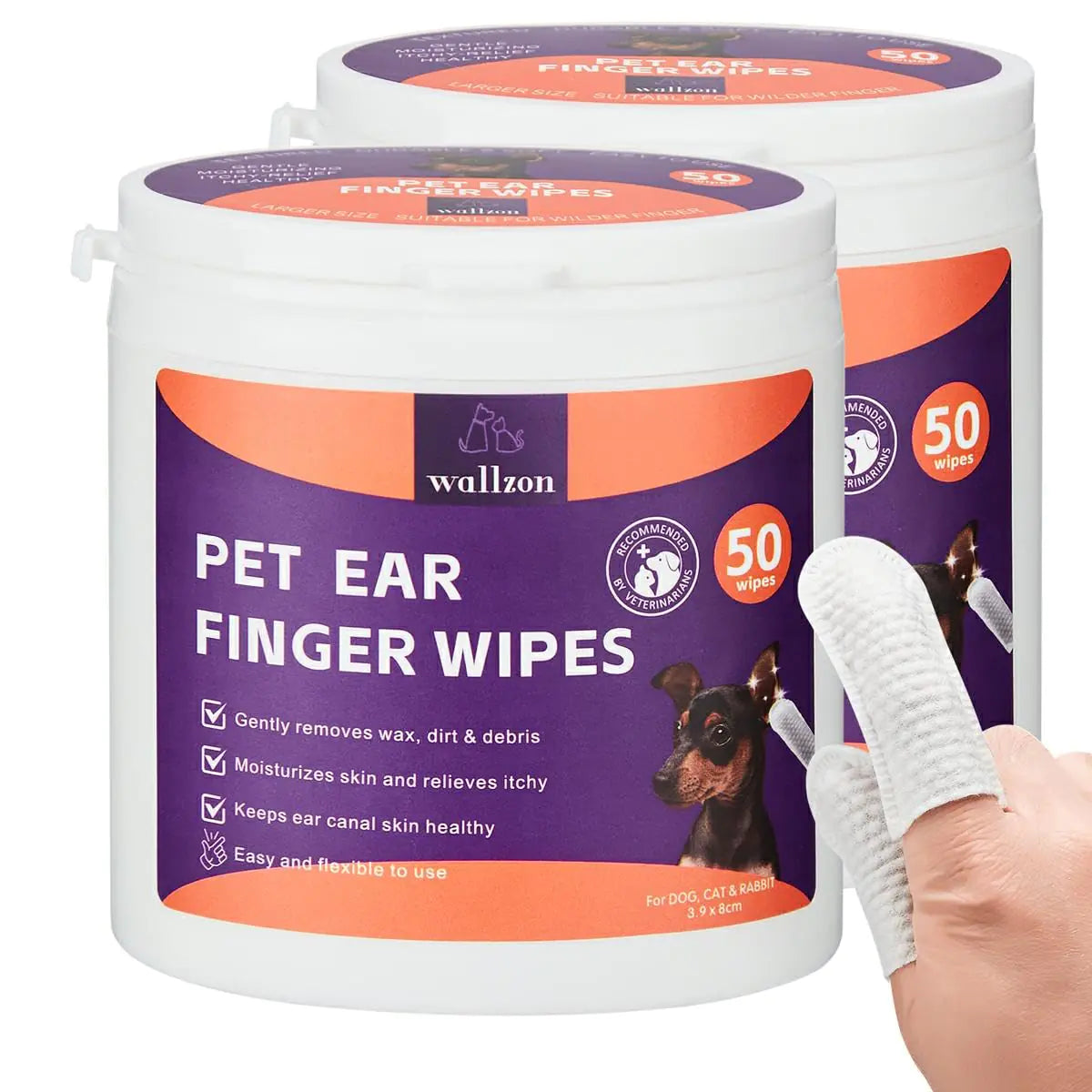 WALLZON Ear Cleanser Relief Finger Wipes | Ear Cleaning Finger Wipes for Dogs and Cats | Disposable Pet Ear Cleaner Wipes | Relieve Itching & Remove Odor | Ear Care Wipes for Pet (100 Counts)
