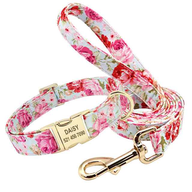 Personalized Floral Dog Collar and Leash Set for Dogs