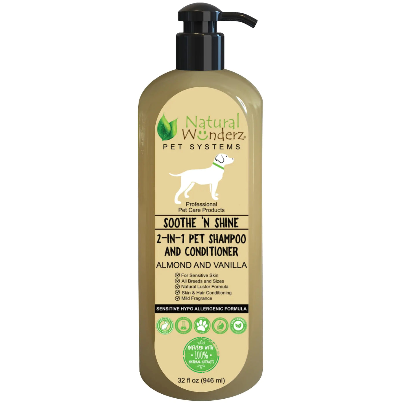 Natural Wunderz Soothe N Shine Pet Shampoo and Conditioner Shed Free 2-in-1 Almond and Vanilla Soothes Itchy and Dry Skin Hypo Allergenic Paraben Free Sulfate Free Cruelty Free - 32 Fl Oz