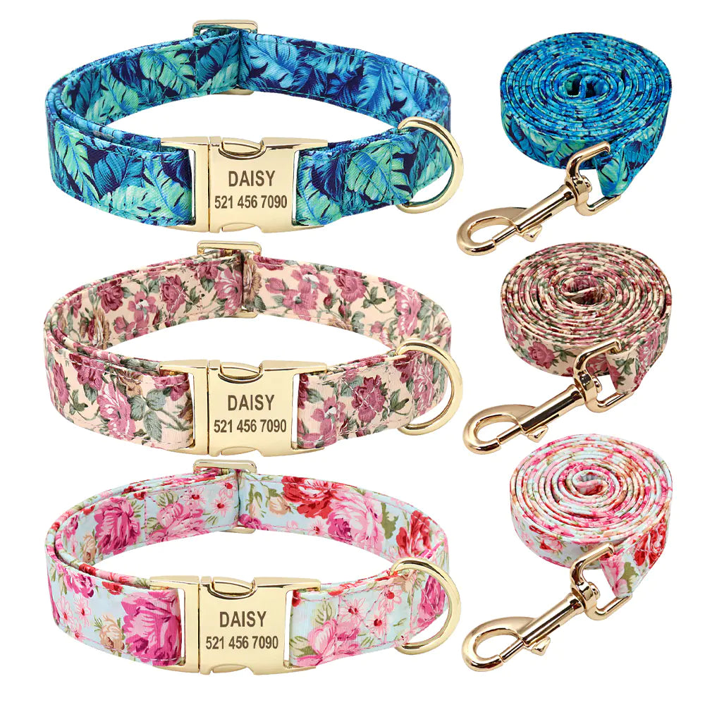 Personalized Floral Dog Collar and Leash Set for Dogs