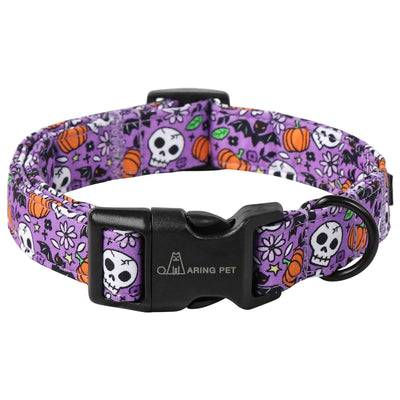 ARING PET Halloween Dog Collar-Cotton Purple Pumpkin Dog Collars Adjustable Skull Bat Print Pet Collar Puppy Collars with Quick Release Buckle for Girl&Boy Dogs