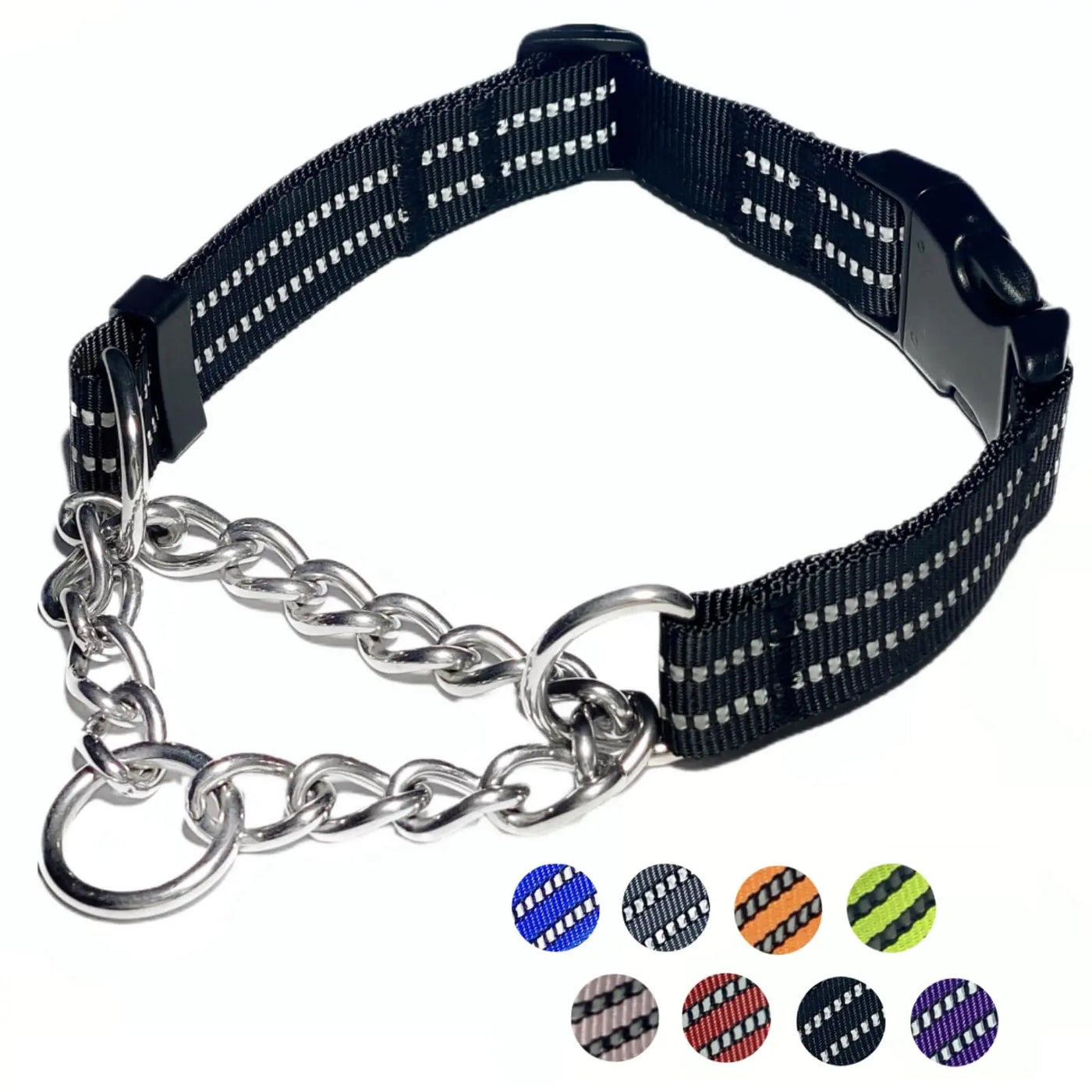 Martingale Dog Collars Reflective Nylon Collar with Stainless Steel Chain Adjustable Walking Training Dog Collars with Quick Release Buckle Suitable for Small Medium Large Dogs(BlackM)