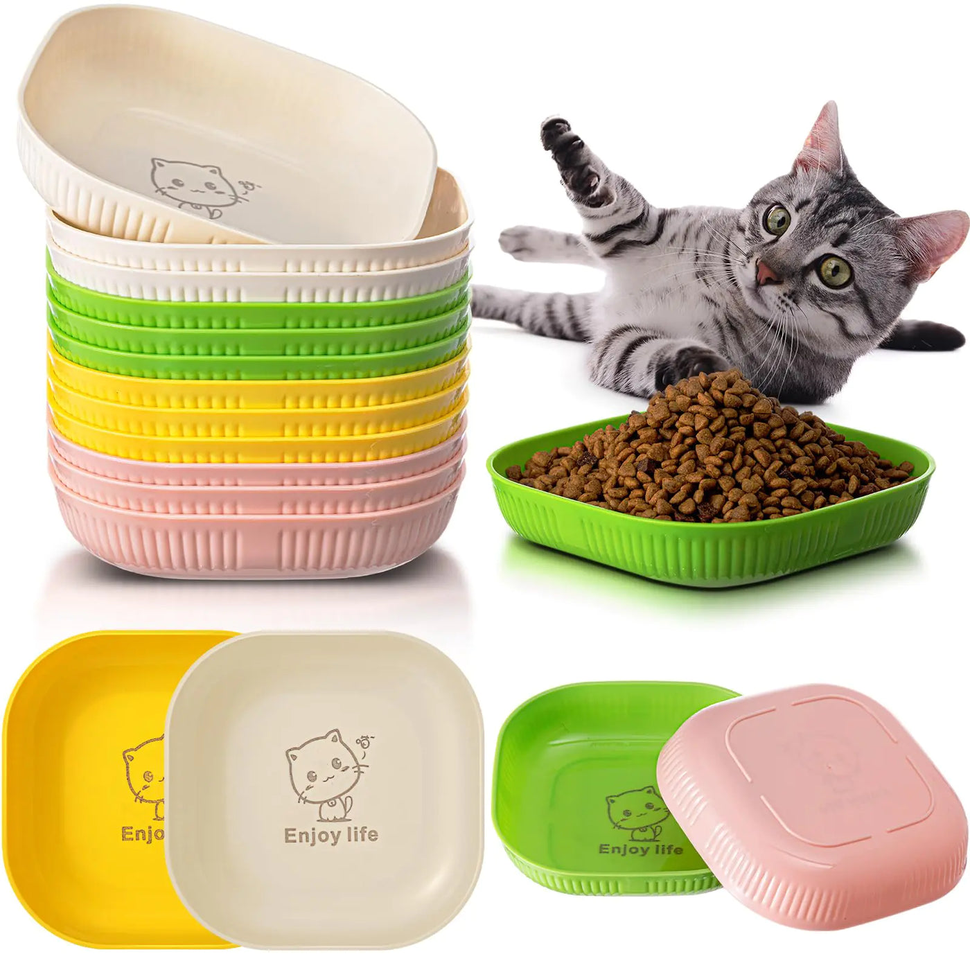 Teenyyou 12 Pcs Whisker Fatigue Relief Cat Bowl 5.5" Square Shallow Cat Food Dish Wide and Small Feeding Plate Stray Cats Wet Feeding Bowls for Ferrets Feral Cat Kittens Short Legged Cat