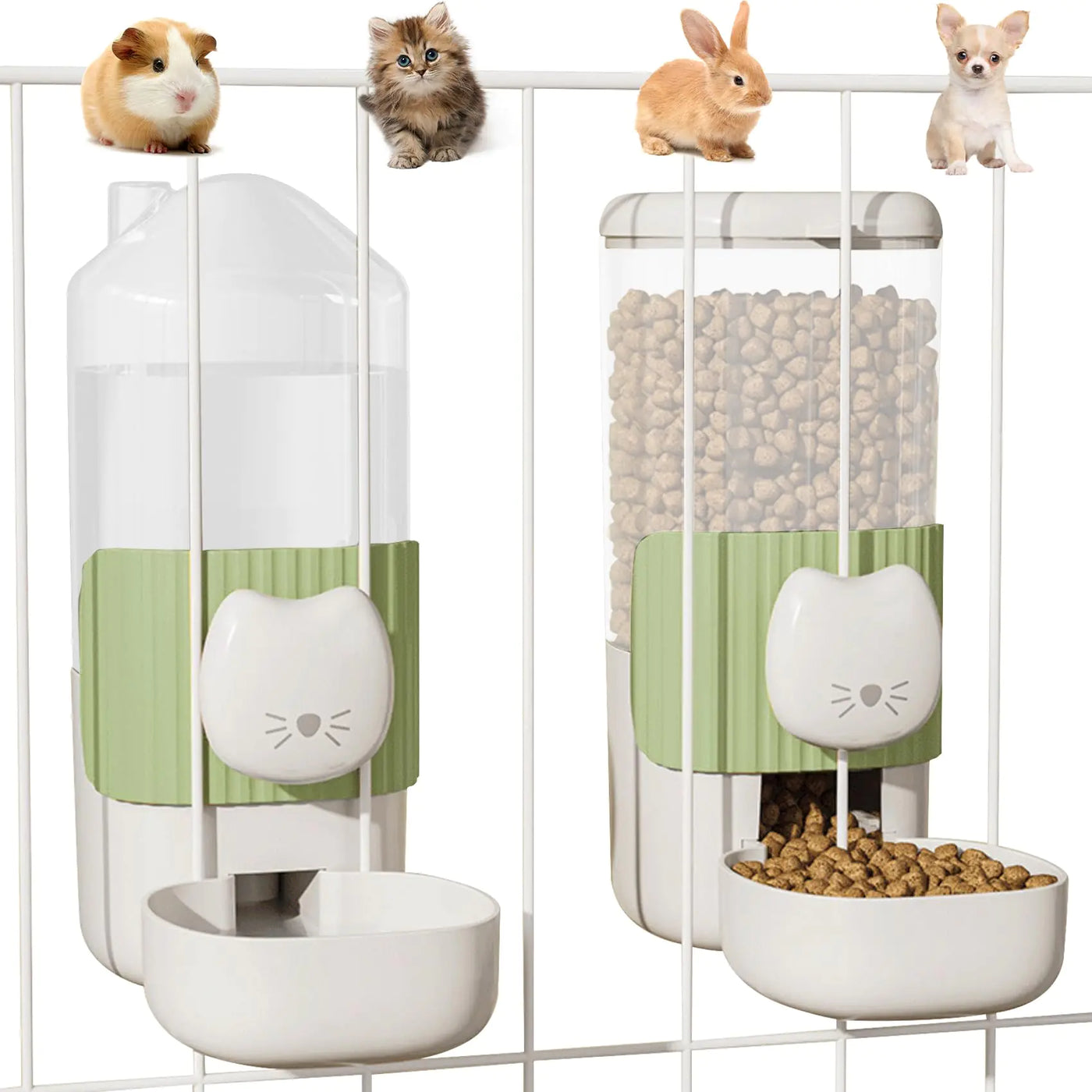 34oz Hanging Automatic Cat Food Water Dispenser 1L Auto Gravity Pet Feeder and Water Dispenser SetCage Cat Dog Food and Water Dispenser for Kitten Puppy Bunny Guinea Pig (Green)